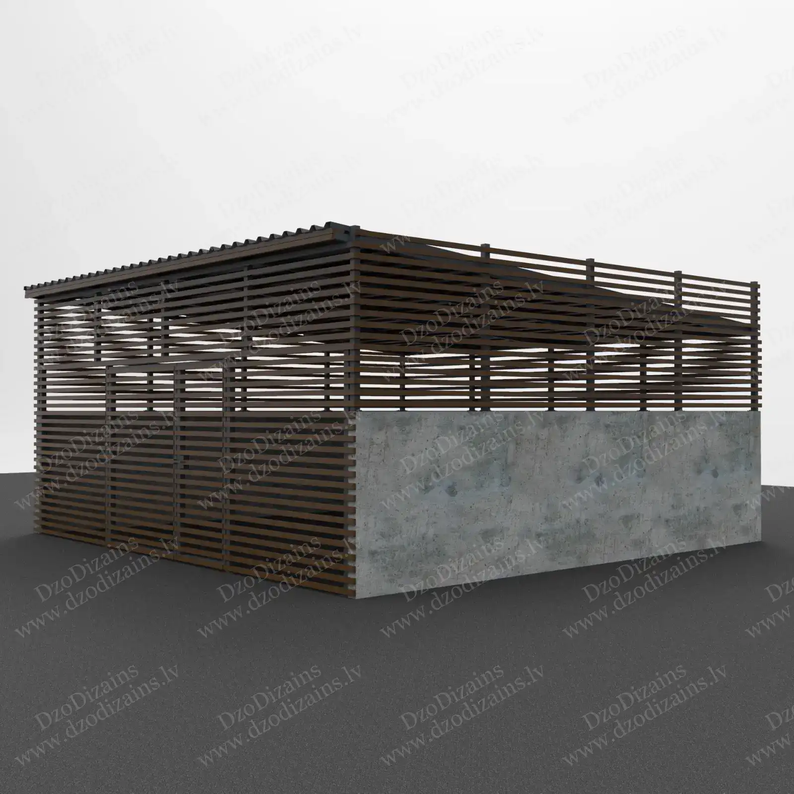 Деревянный навес для мусорных контейнеров с горизонтальными рейками и металлической крышей