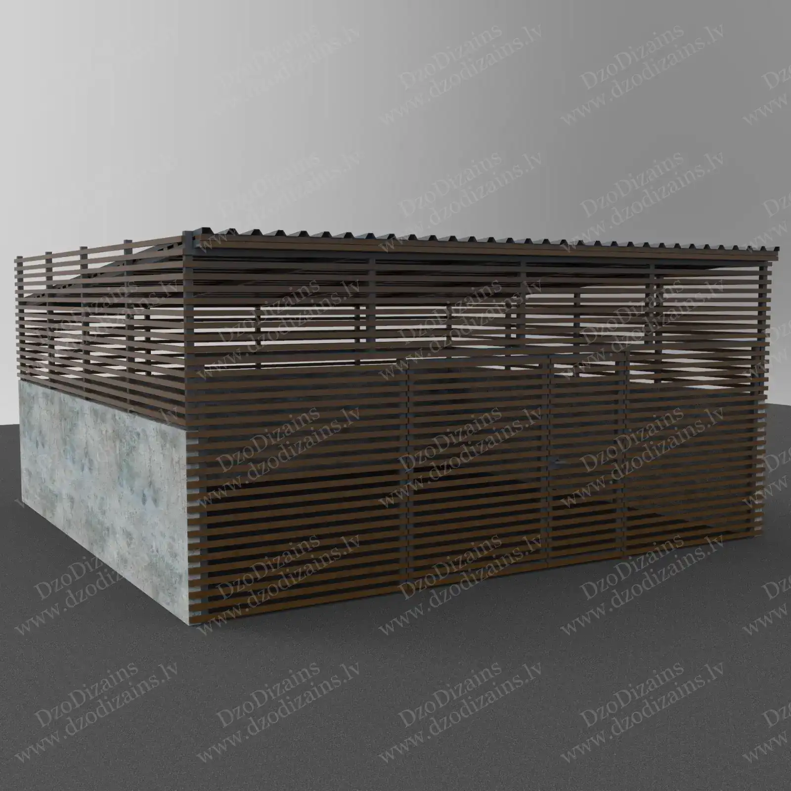 Дизайнерская площадка для мусора с деревянными рейками и профилированной металлической крышей