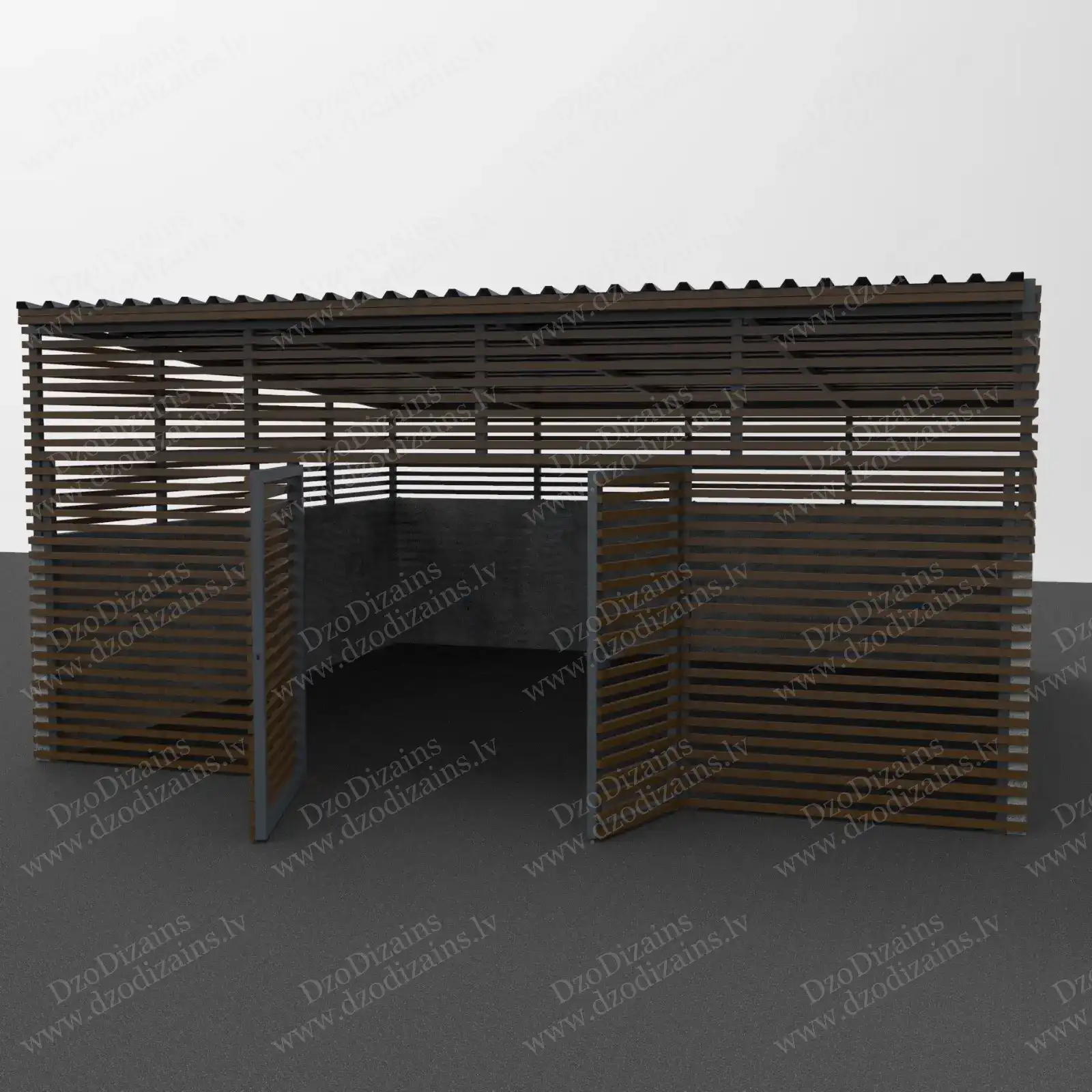 Деревянный навес для мусорных контейнеров с горизонтальными рейками и металлической крышей