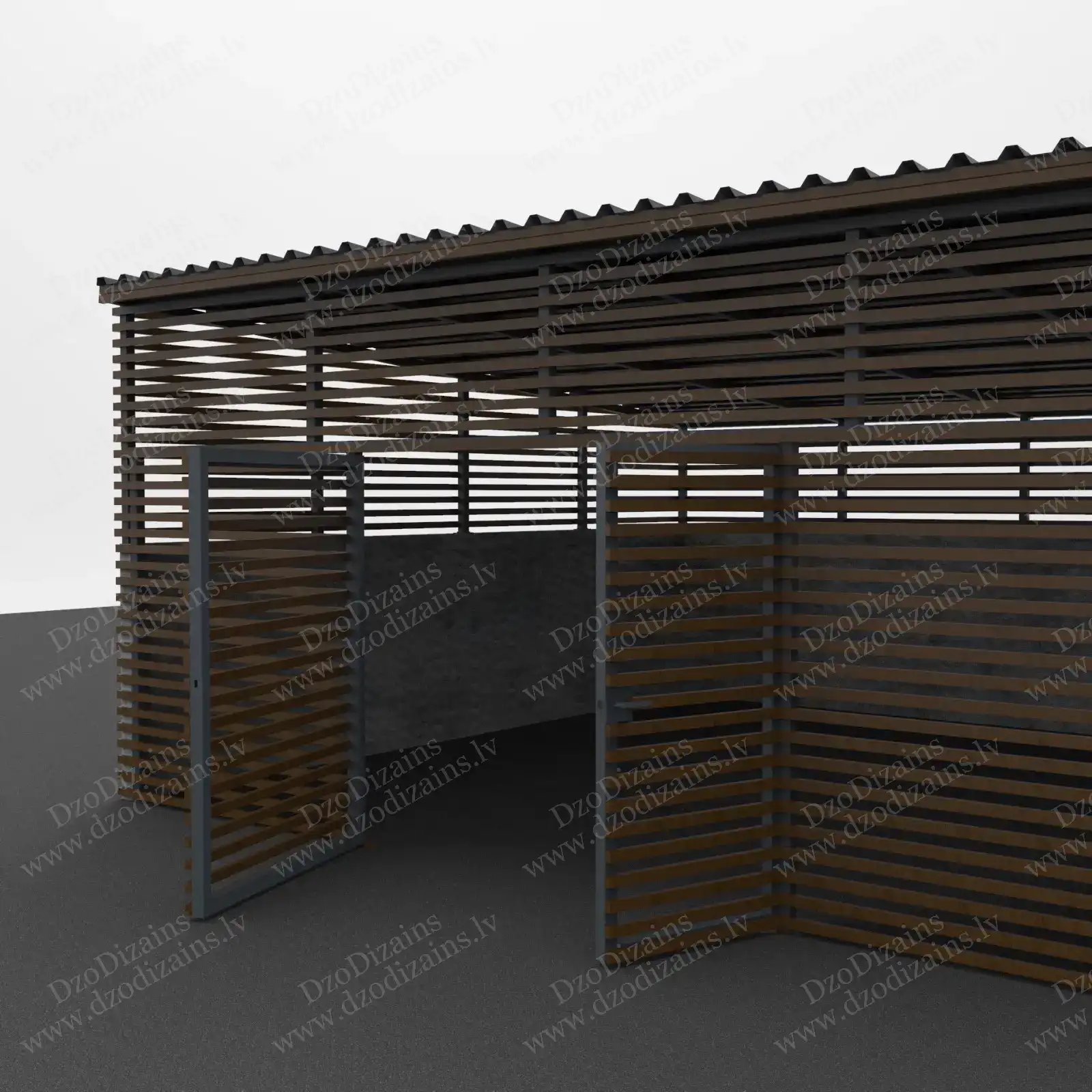 Деревянная навес с металлическим каркасом и горизонтальными ламелями