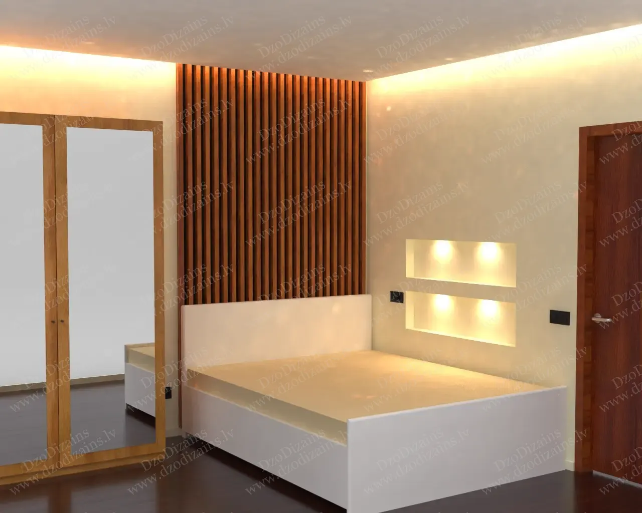Современная спальня с акцентной стеной из вертикальных деревянных реек и встроенной освещённой нишей