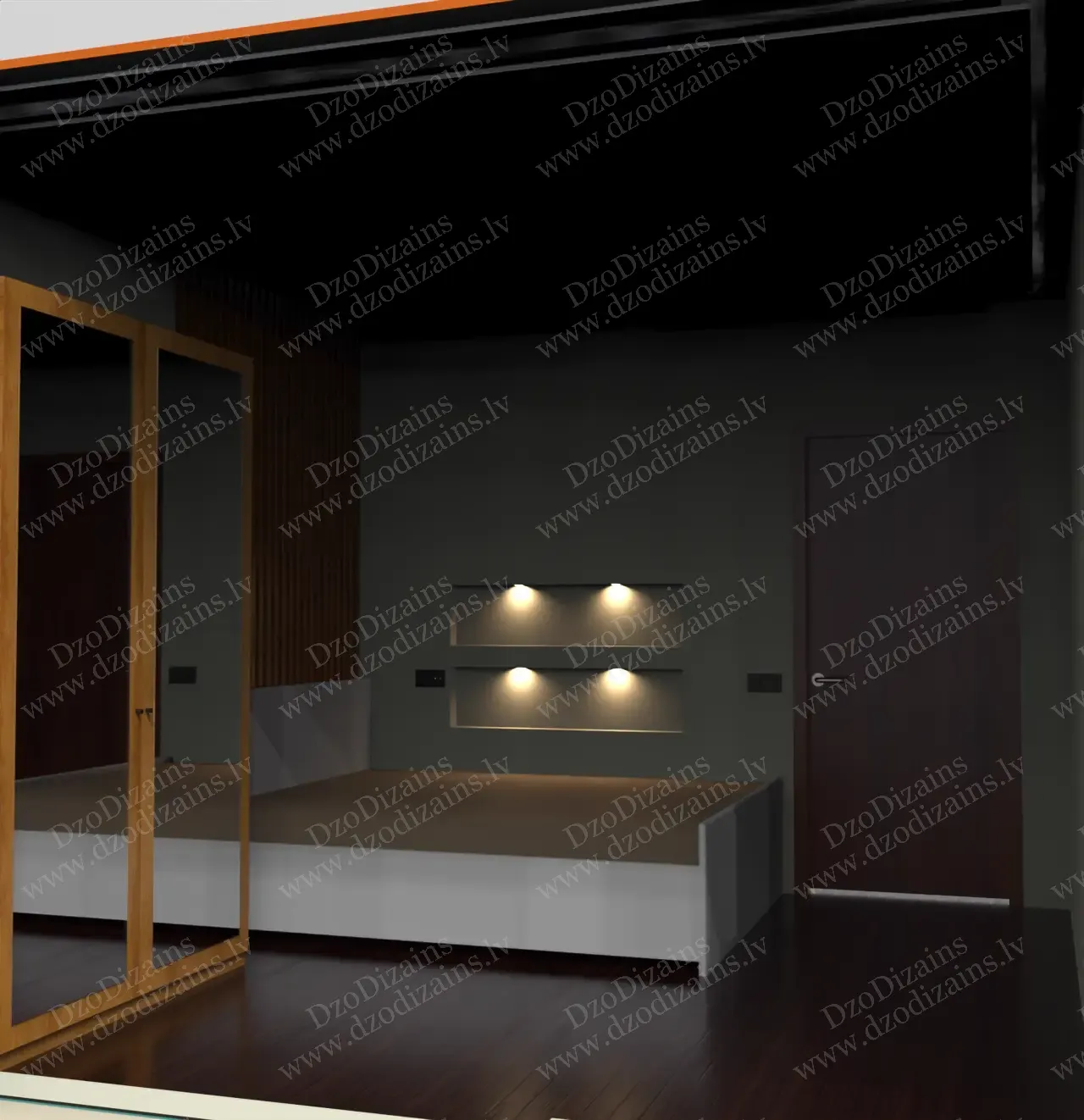 Современный интерьер спальни с деревянным декором и встроенным освещением