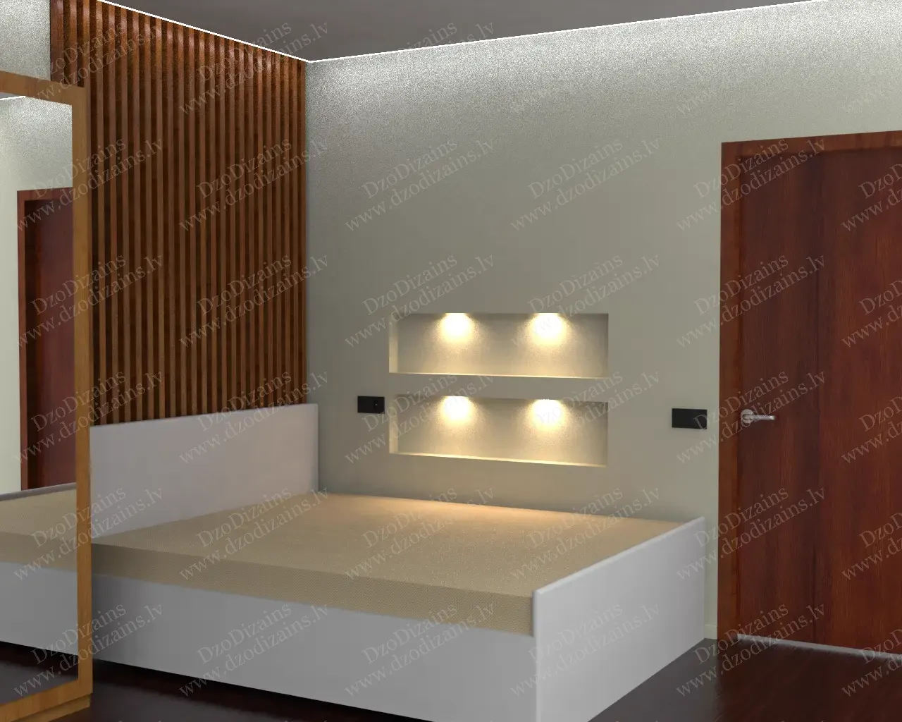 Современная спальня с акцентной стеной из вертикальных деревянных реек и встроенной освещённой нишей