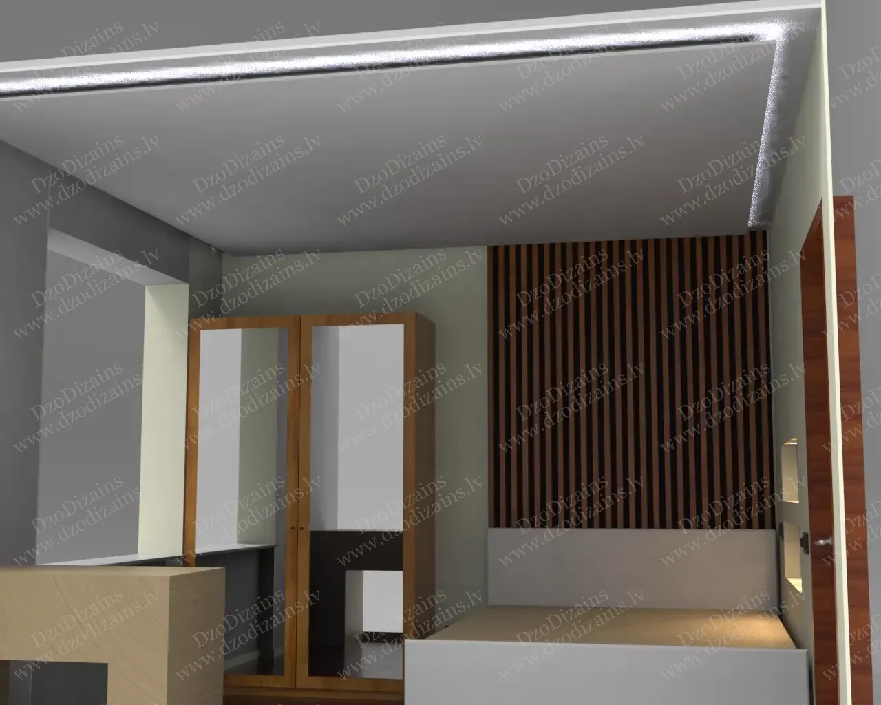 Дизайнерская спальня с деревянной акцентной стеной и плавающей кроватью