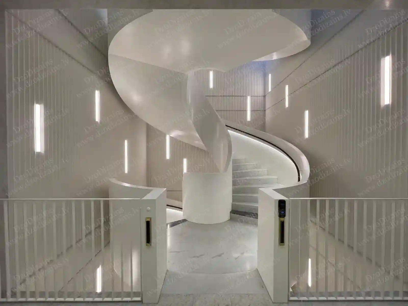 Современная белая спиральная лестница с гладким дизайном и мраморным полом