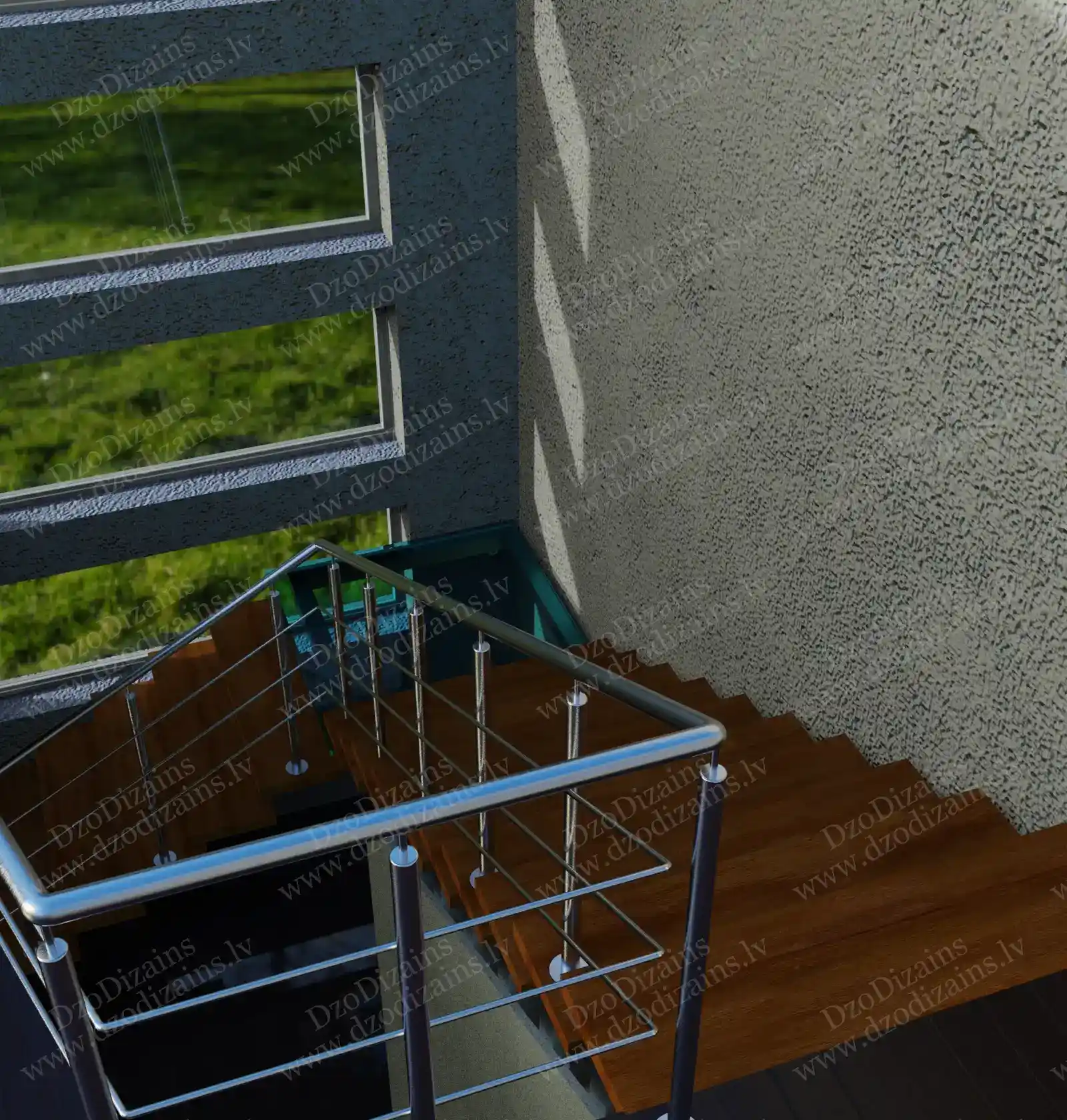 Дизайнерская лестница с деревянными ступенями, стеклянной площадкой и стальными перилами