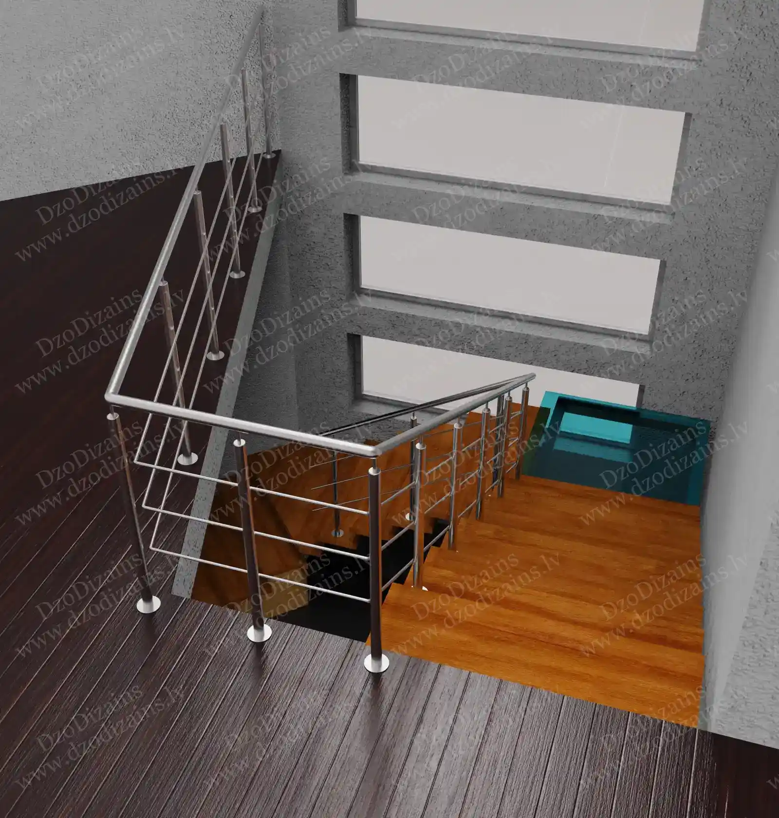 Внутренняя деревянная лестница со стеклянной промежуточной площадкой и перилами из нержавеющей стали