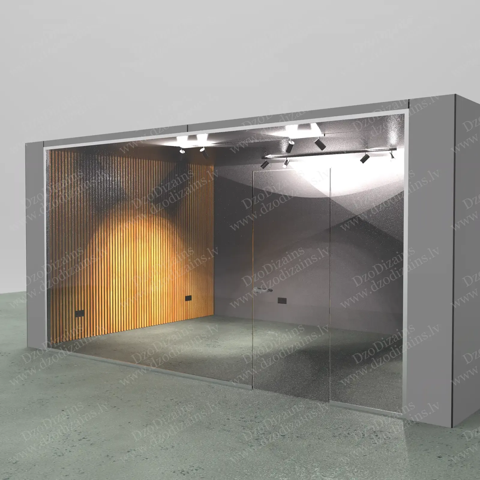 Современная переговорная комната с акцентной стеной из деревянных ламелей и стеклянными дверями