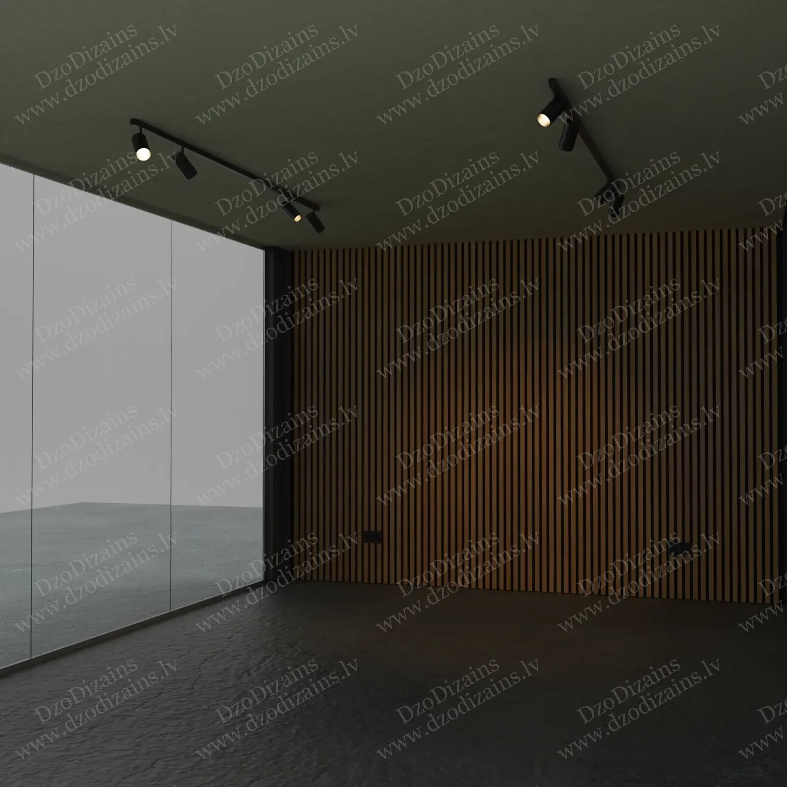 Современный переговорный зал с деревянной панельной стеной и стеклянными дверями