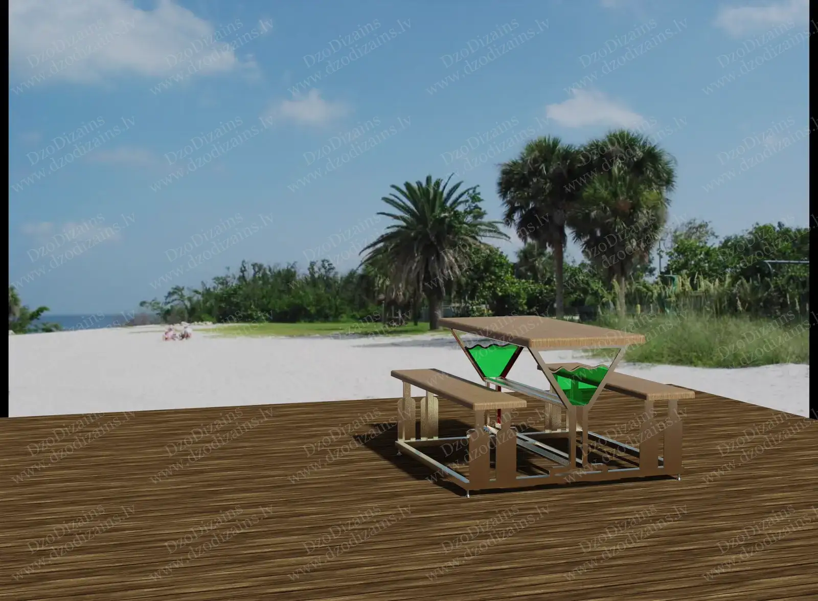 Деревянный стол для террасы с лавками и металлическим каркасом