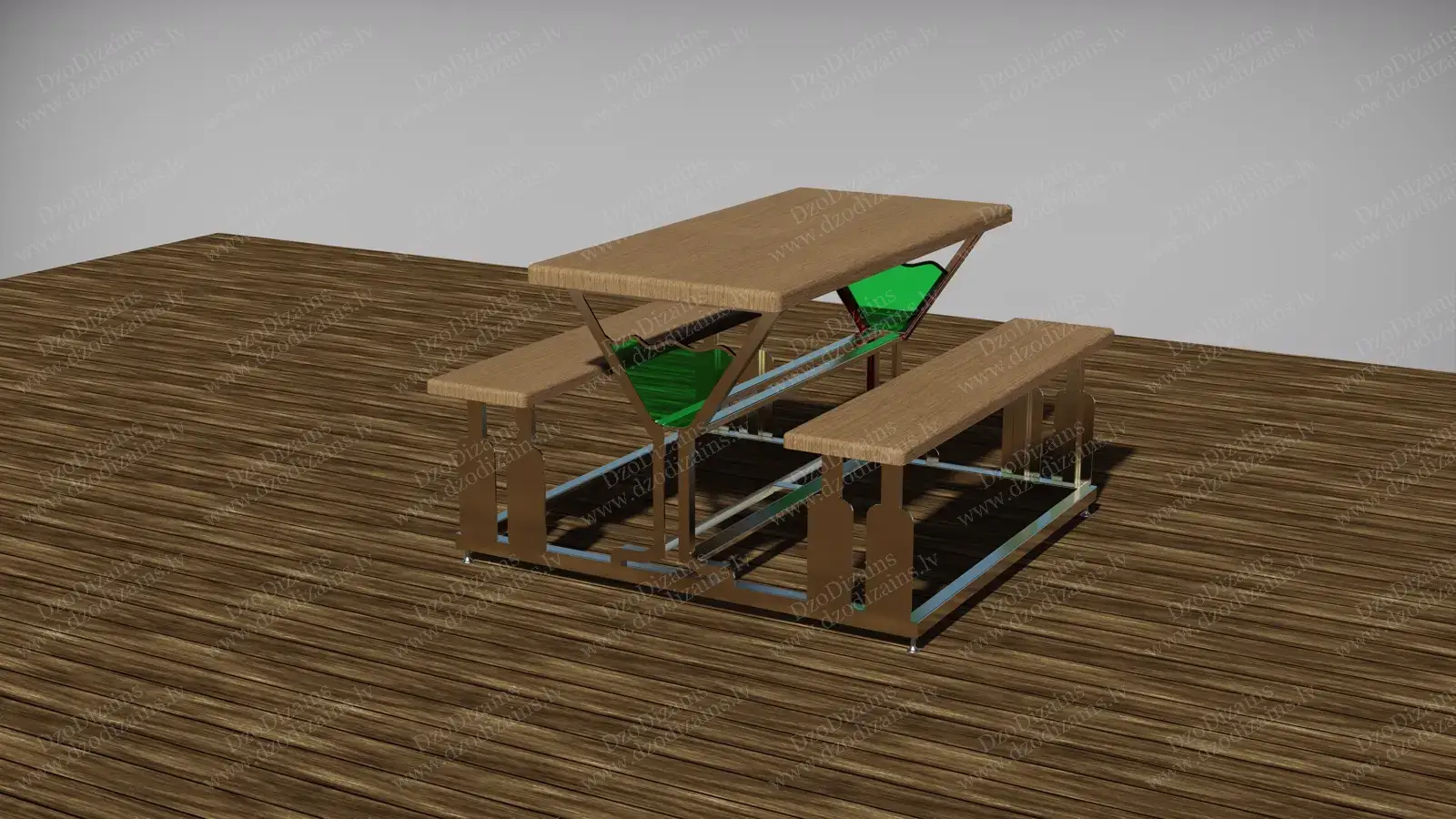 Деревянный стол для террасы с лавками и металлическим каркасом