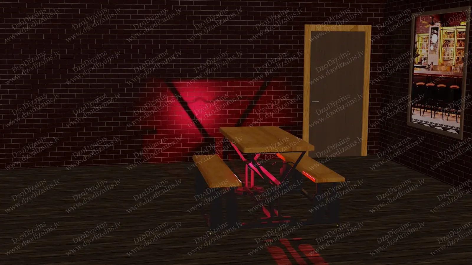 Современный деревянный стол для террасы с лавками и металлической конструкцией