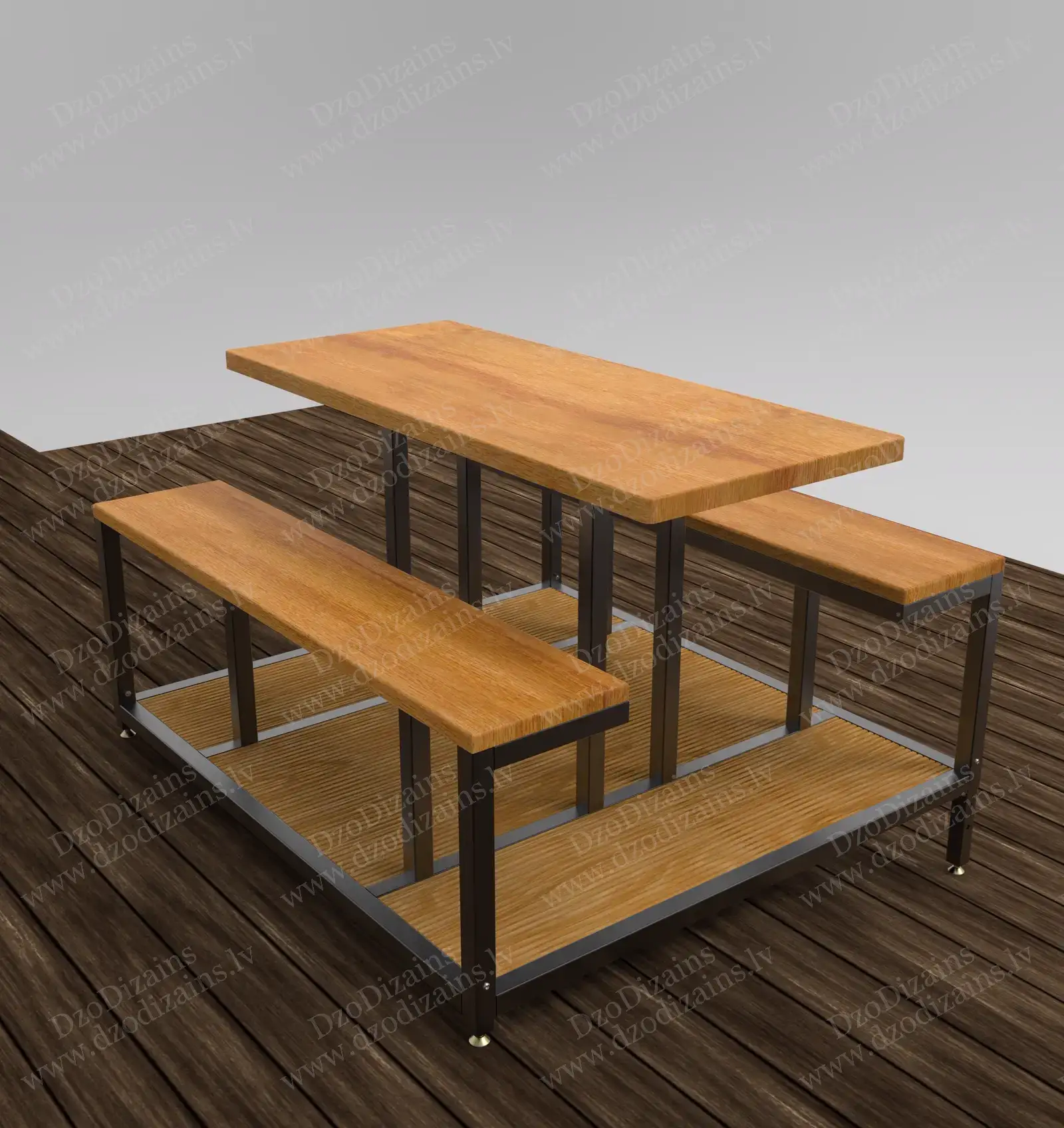 Деревянный стол для террасы с лавками и металлическим каркасом
