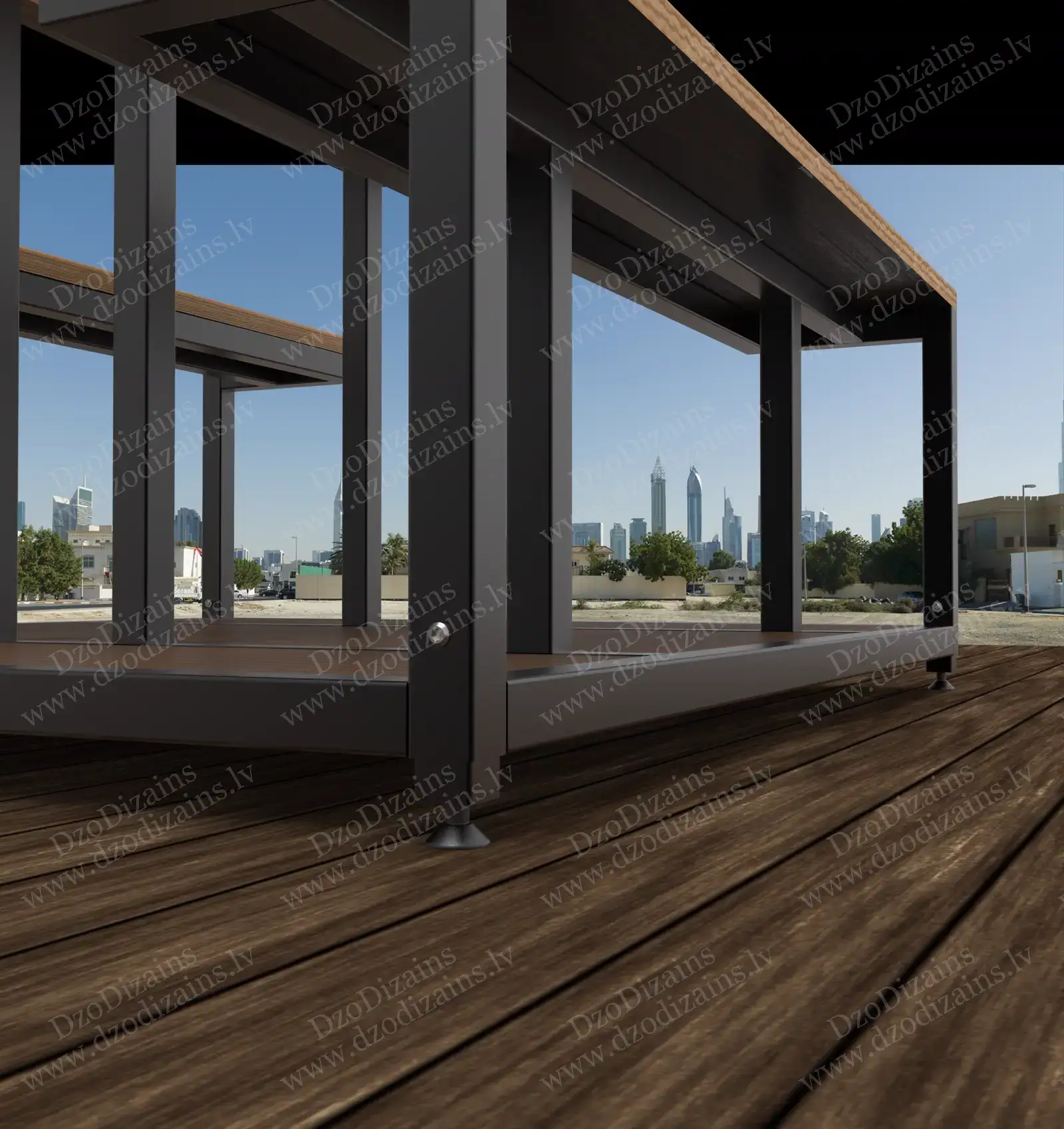 Современный деревянный стол для террасы с лавками и металлической конструкцией