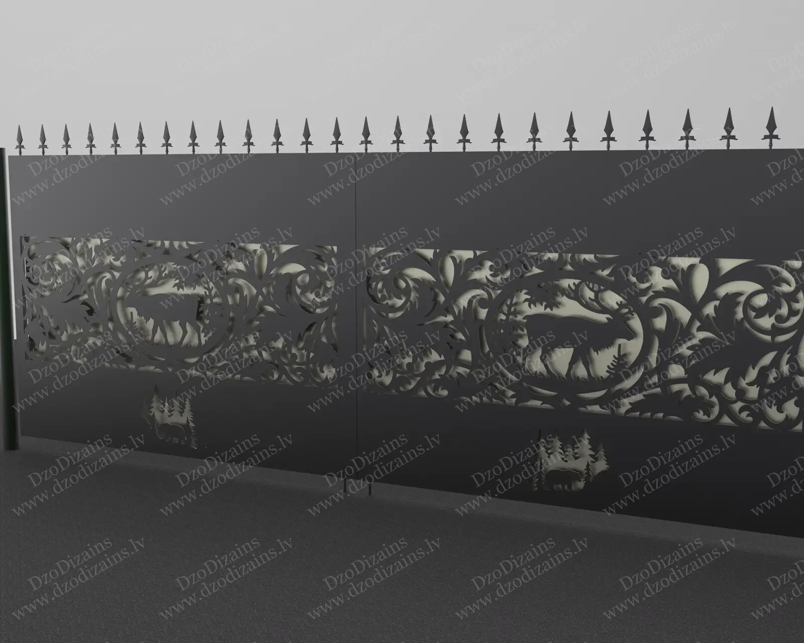 Металлические ворота с лазерной резкой лесной сцены и пиками