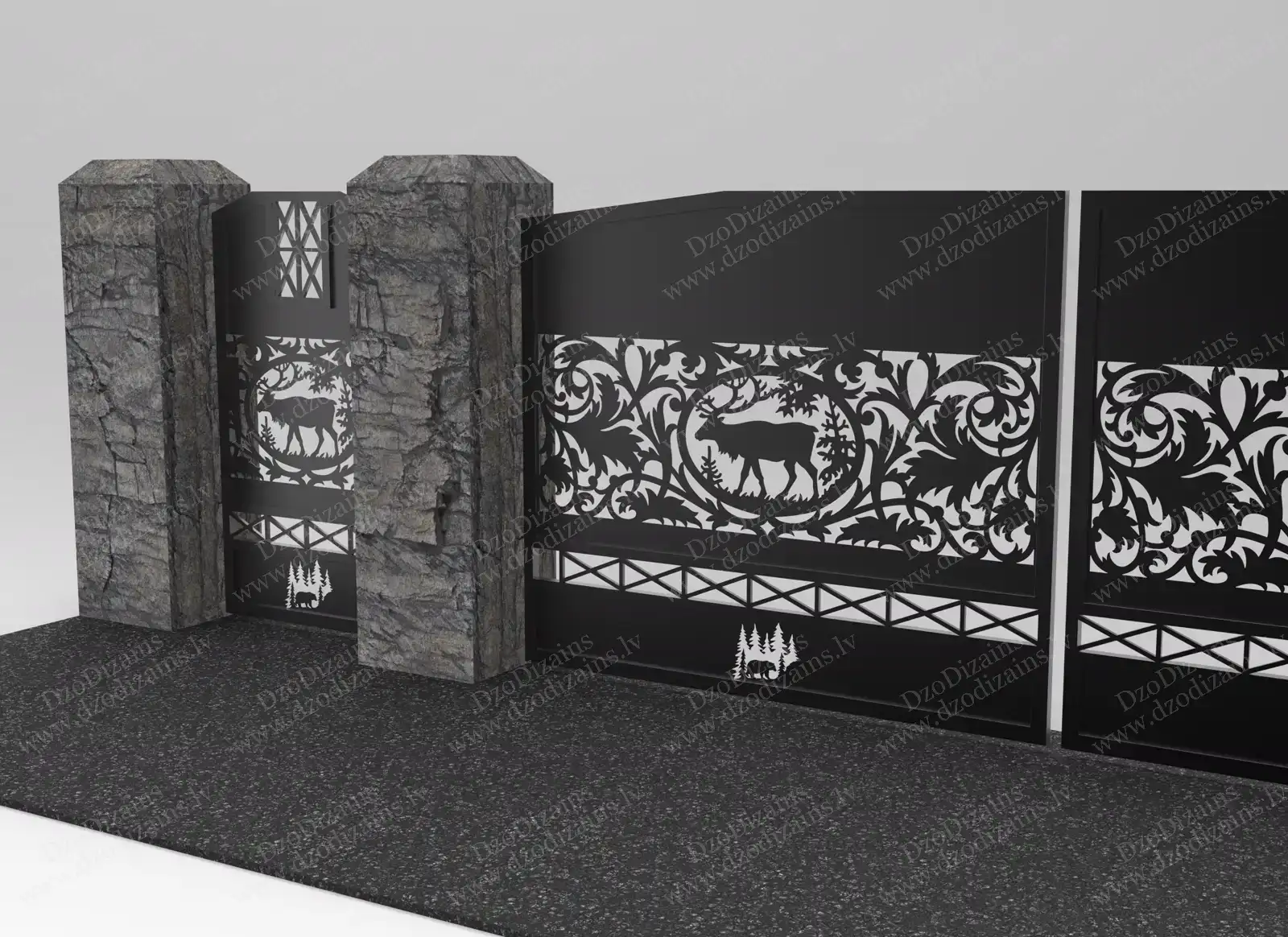 Металлические ворота с лазерной резкой и мотивом оленя в лесу