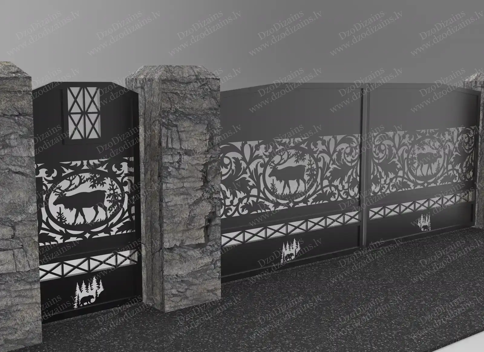Декоративные металлические ворота с лесными мотивами и натуральными каменными столбами