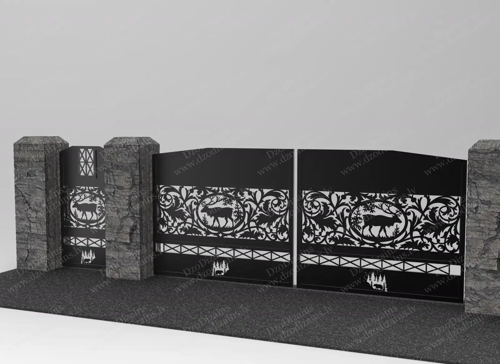 Элегантные металлические ворота с лазерной резкой — лось, деревья и каменные колонны