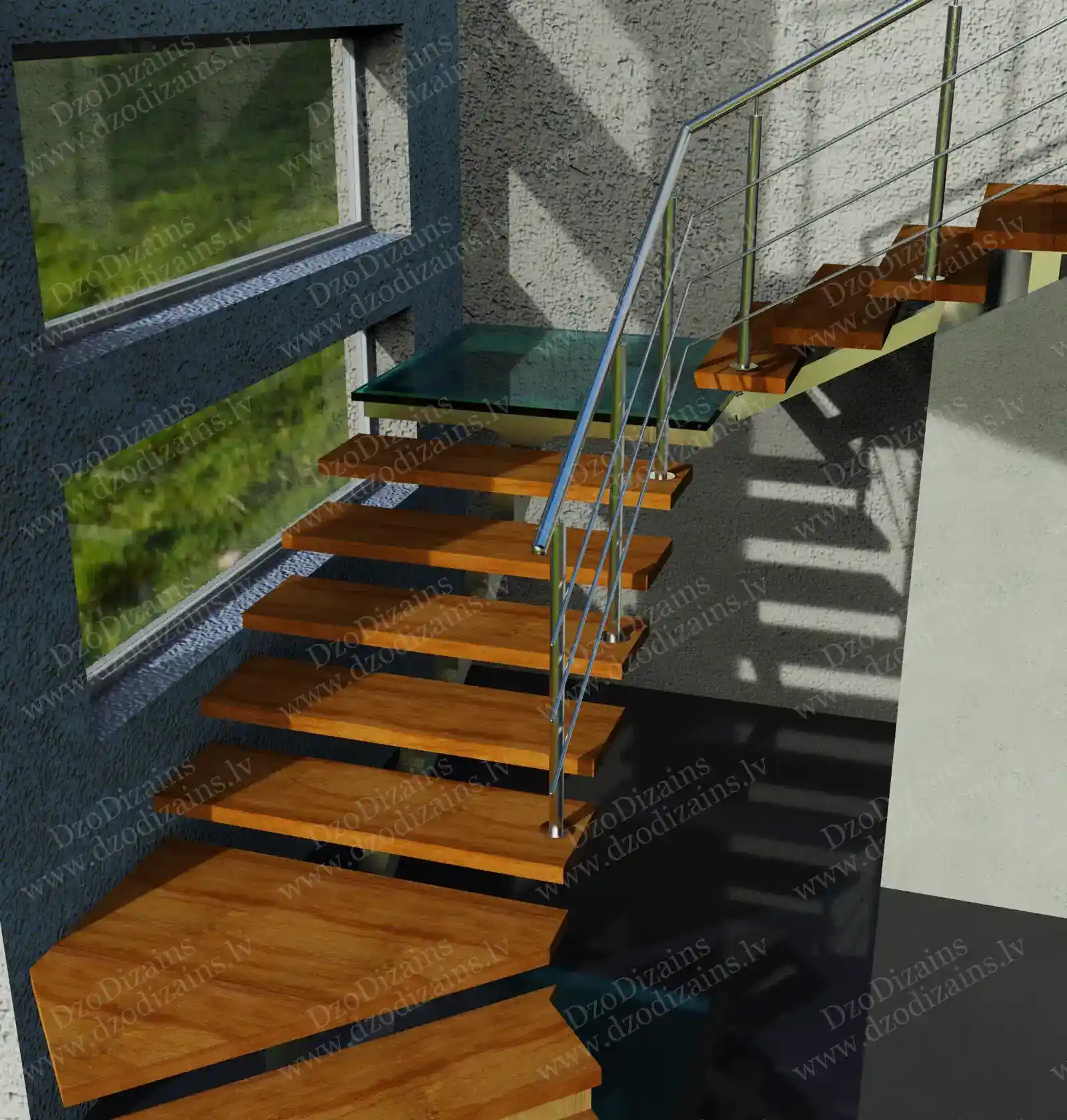 Деревянная лестница со стеклянной площадкой и перилами из нержавеющей стали